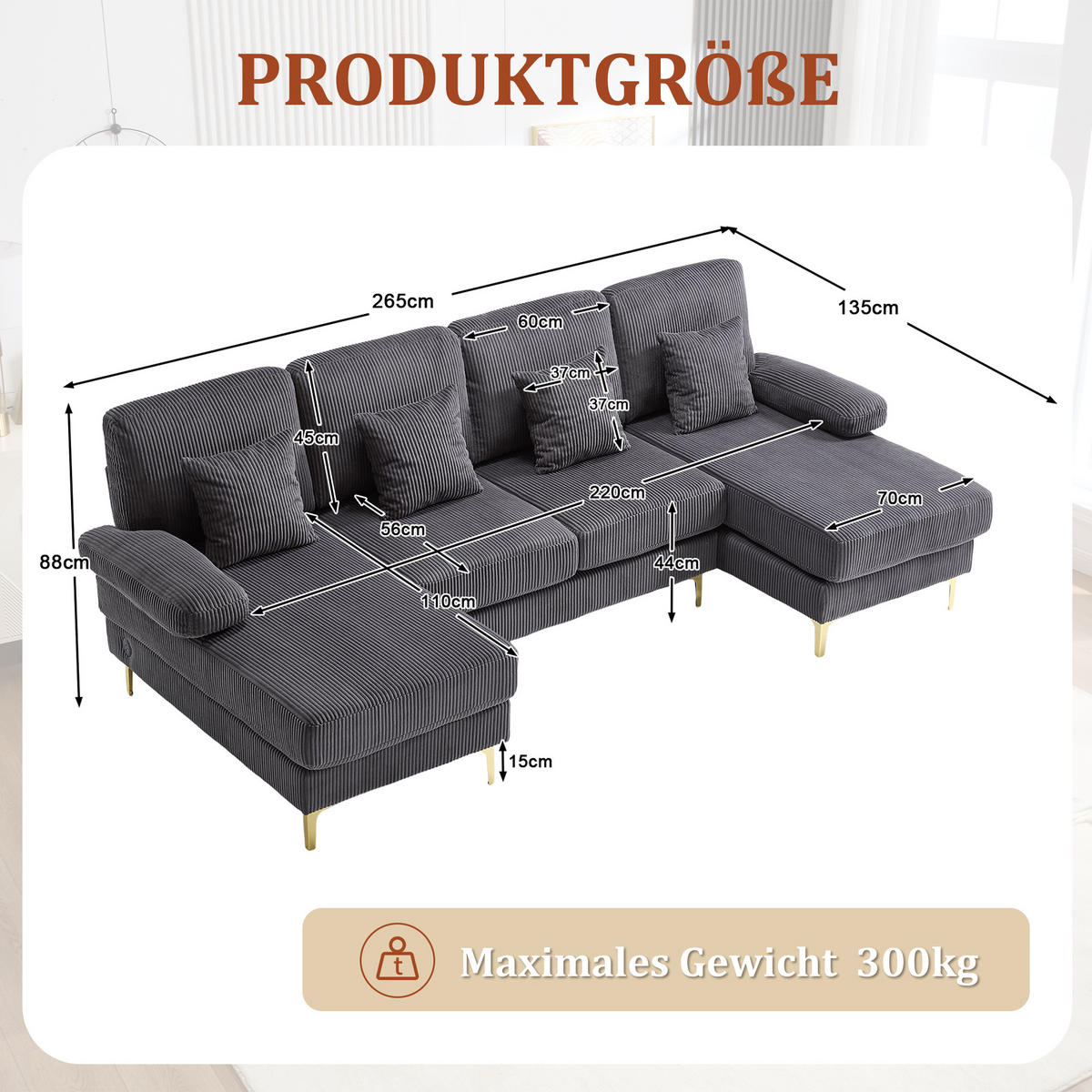 U-FORM Wohnlandschaft Samt mit LED und USB-Anschluss 265/135/88 cm Grau - Grau, Textil (135/88/265cm) - Redom