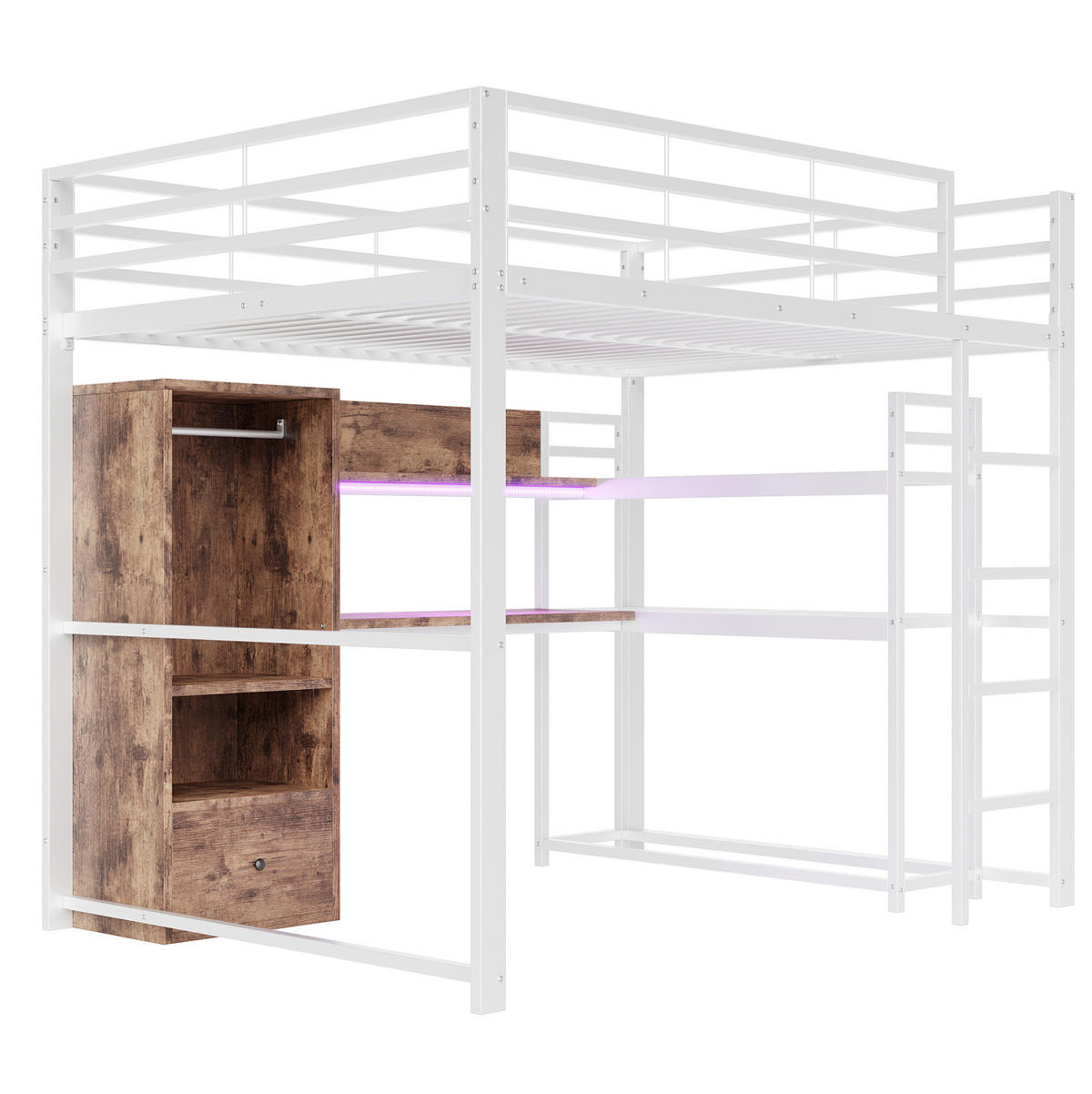 VYSOKÁ posteľ 140/200 cm biela z kovu a MDF s LED osvetlením, písacím stolom a úložným priestorom - biela, kompozitné drevo (140/200cm) - OKWISH