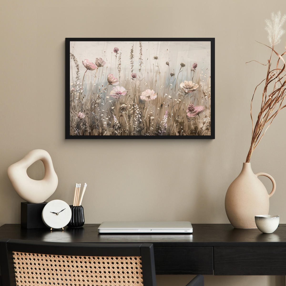 POSTER MIT RAHMEN Blumen - Rosa - Modern - Beige 60x40 cm - Beige, Papier (60/40cm) - MuchoWow