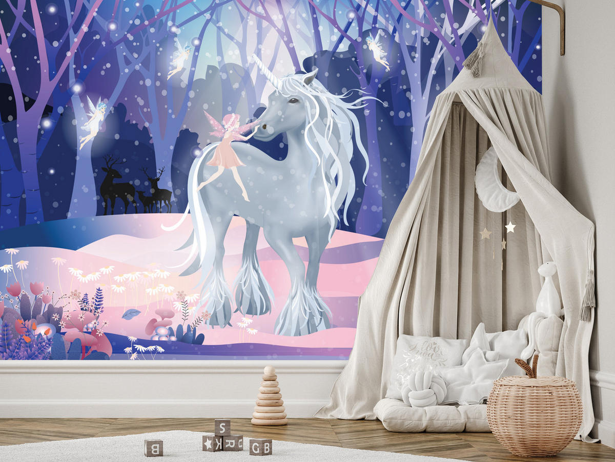FOTOTAPETE für Kinderzimmer Einhorn Feen Magischer Wald 300x210 - Blau/Violett, Papier (300/210cm) - Muralo