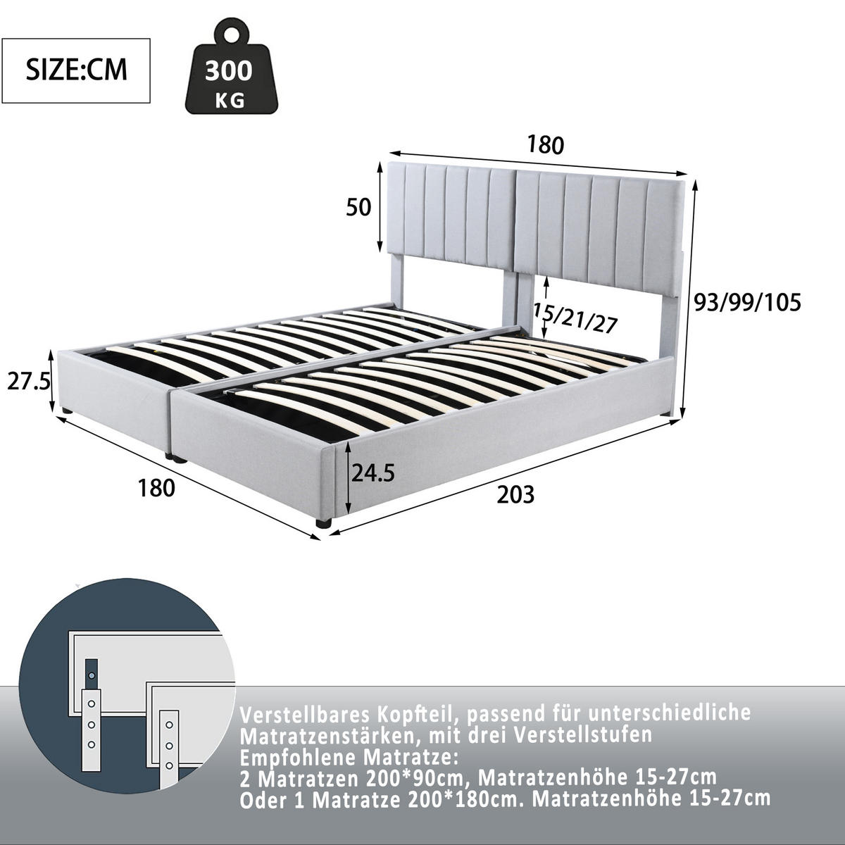 POLSTERBETT 180/200 cm grau hydraulisches Stauraumbett mit verstellbarem Kopfteil - Grau, Textil (180/200cm) - OKWISH