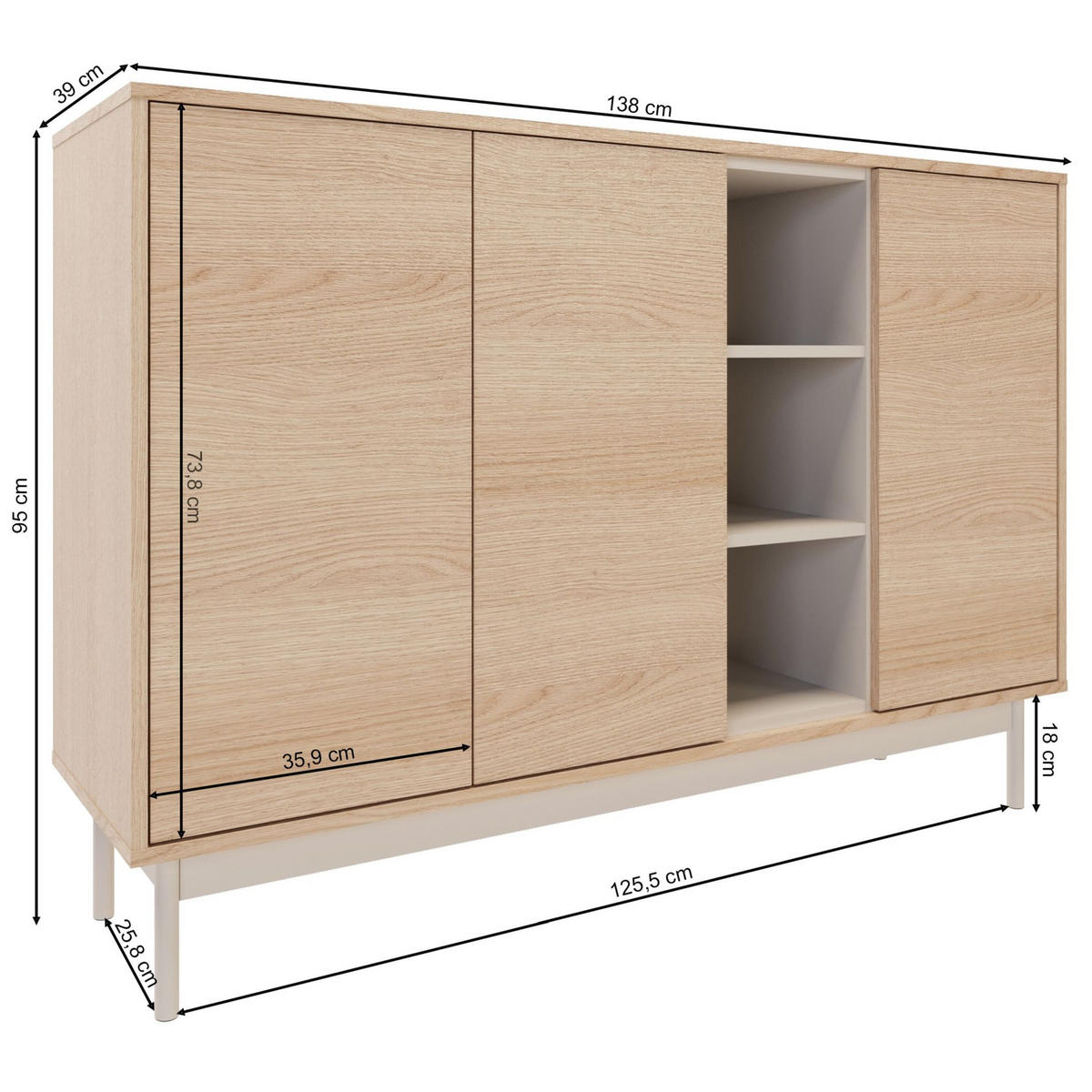 SIDEBOARD Layen Eichenholzoptik Kaschmirgrau 138 cm - Taupe/Beige, Holzwerkstoff/Metall (138/95/39cm) - Selsey