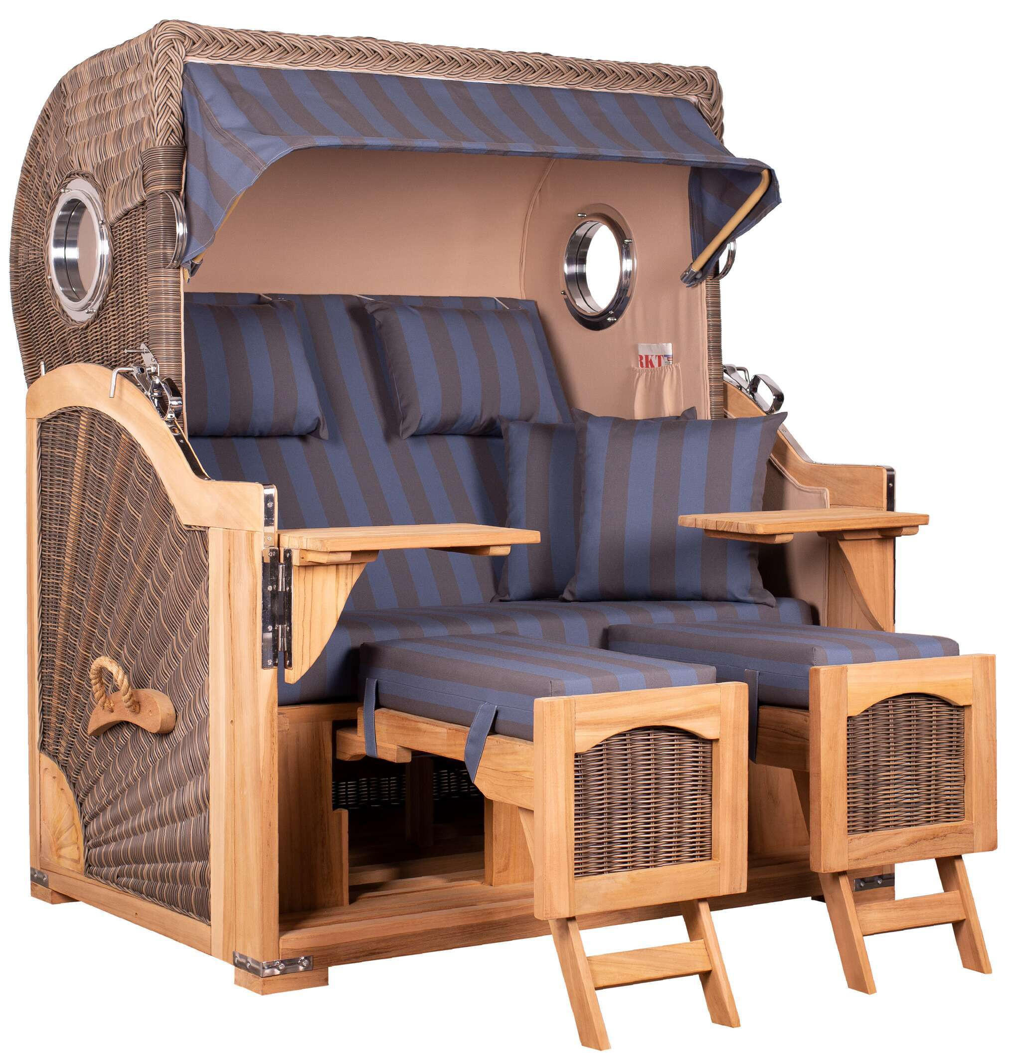 STRANDKORB Düne Grande Bullauge Teak PE Grey Dessin 582 - Blaugrau/Braun, Metall (142/170/95cm) - Mr. Deko