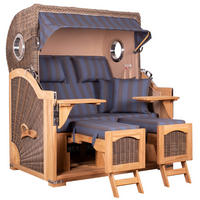 STRANDKORB Düne Grande Bullauge Teak PE Grey Dessin 582 - Blaugrau/Braun, Metall (142/170/95cm) - Mr. Deko