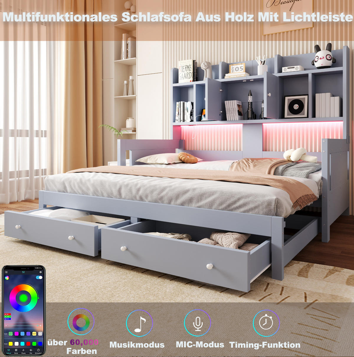SCHLAFSOFA aus Sperrholz und MDF 90x190 cm Grau ausziehbar mit Schubladen, LED und Steckdose - Grau, Holz (90/190cm) - IVMEU