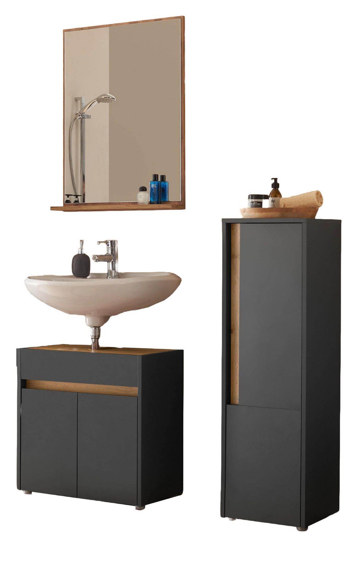 BADMÖBEL-SET 3-teilig grau matt, Wotan Eiche, Badkombination 114 cm - Eiche Wotan/Schwarz, Glas/Holzwerkstoff (116/200/34cm) - Furn.Design