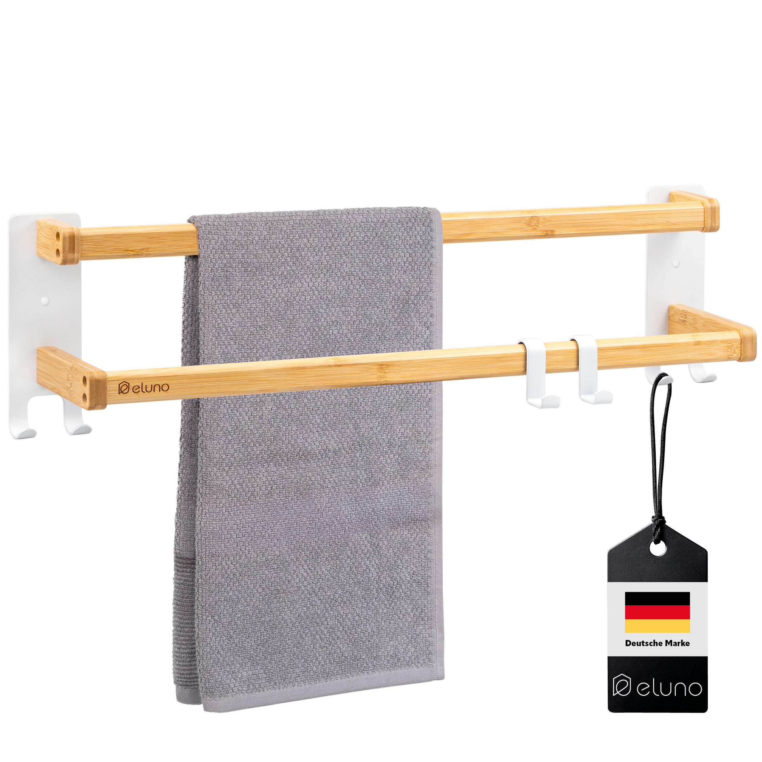 HANDTUCHHALTER, Metall weiß mit Bambus - Weiß, Holz (64.5/18/12cm) - eluno