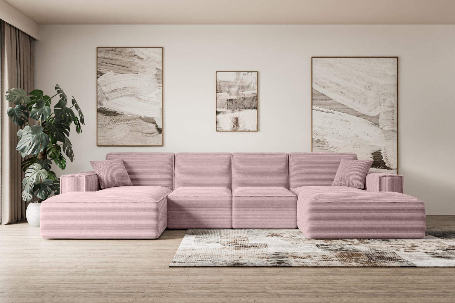 WOHNLANDSCHAFT SIERRA-U - 344x165x73 cm Rosa Cord - Schwarz/Rosa, Holzwerkstoff/Kunststoff (344/73/165cm) - ALTDECOR