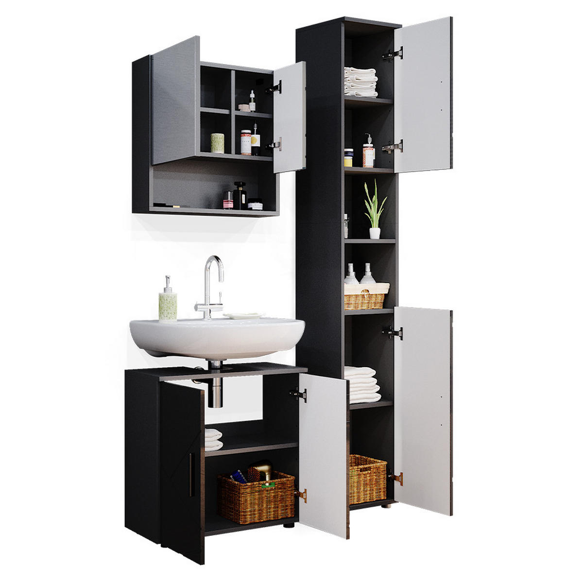 BADMÖBEL-SET Irma Anthrazit Hochglanz 3 Teile, mit Hochschrank - Anthrazit, Holzwerkstoff (80/58.6/41cm) - Vicco