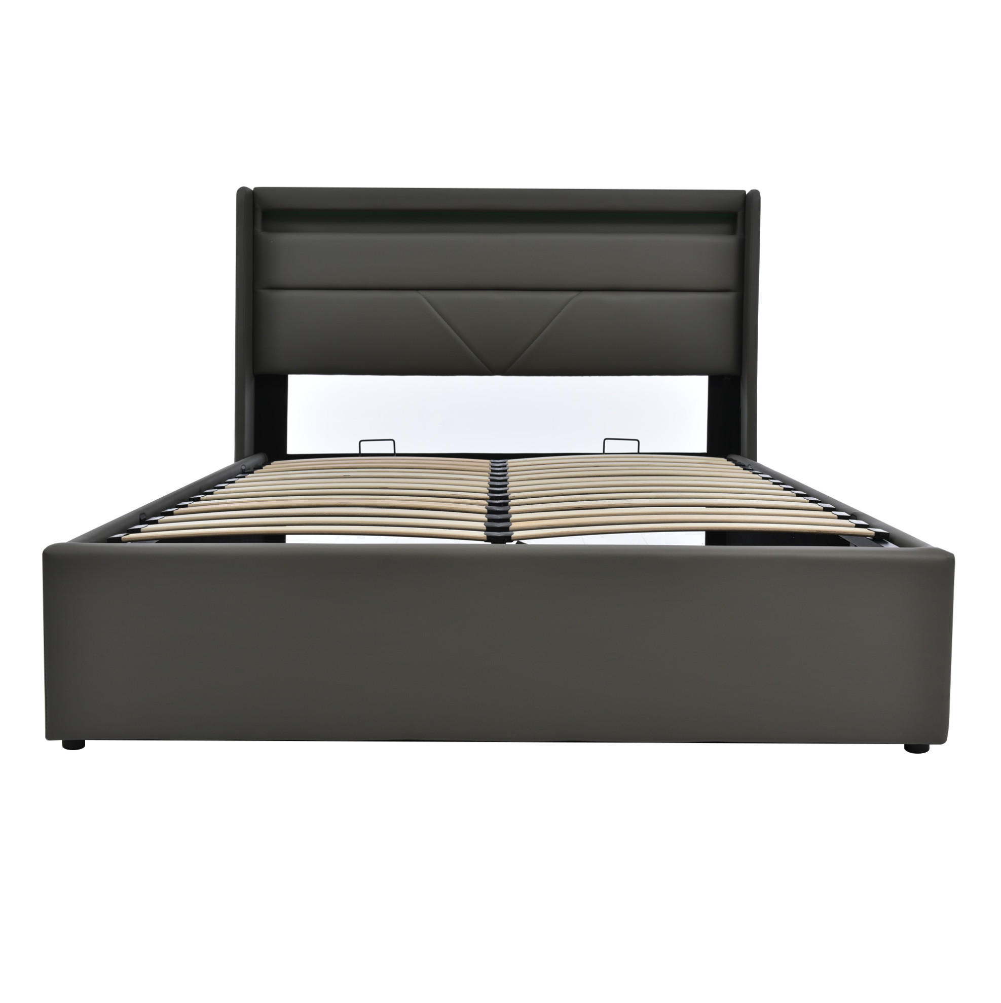 POLSTERBETT aus PU 140x200 cm Grau mit LED-Beleuchtung, Fernbedienung und hydraulischem Bettkasten - Grau, Leder (140/200cm) - IVMEU