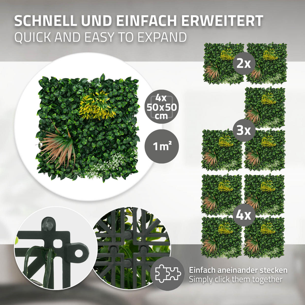 KÜNSTLICHE PFLANZENWAND 4er Set 50x50 cm Kunstpflanzen Wand Innen Aussen Grün Copper Leaf - Grün/Kupferfarben, Kunststoff (50/50/10cm) - ECD-Germany