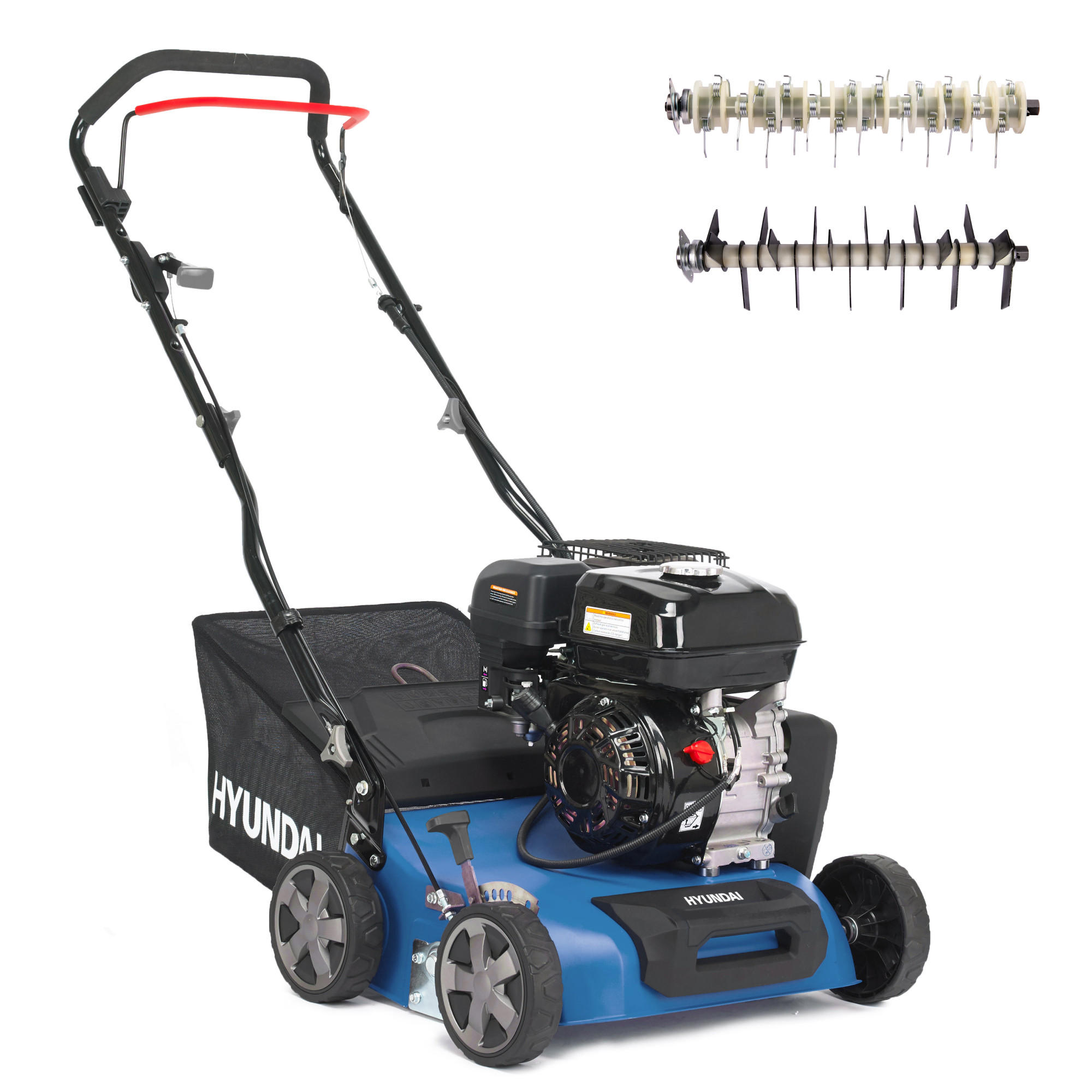 BENZIN-VERTIKUTIERER Lüfter SC4002G Rasenlüfter Moosentferner (40 cm, 5.6 PS, 40L Fangkorb) - Blau, Metall (58.5/111/115cm) - HYUNDAI