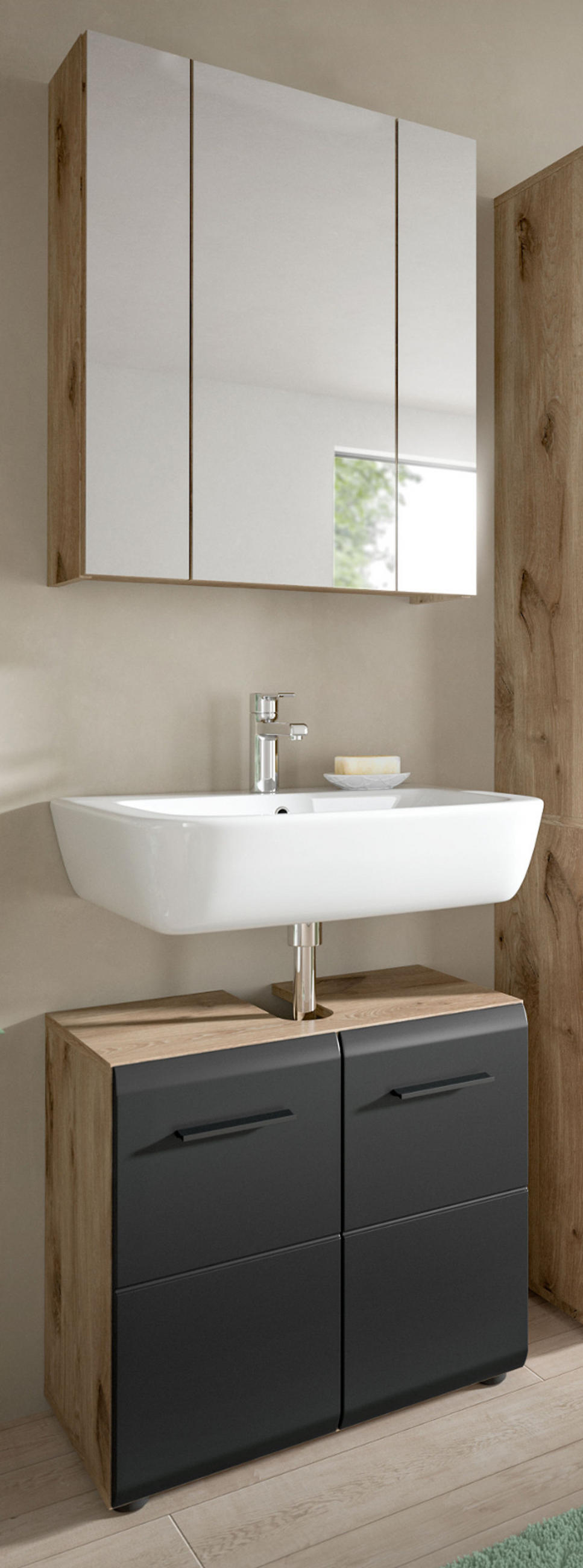 BADMÖBEL-SET 2-teilig schwarz matt, Eiche Nox, Set für Badezimmer und Gäste-WC, Breite 60 cm - Eichefarben/Schwarz, Glas/Holzwerkstoff (60/185/30cm) - Inn.Furn