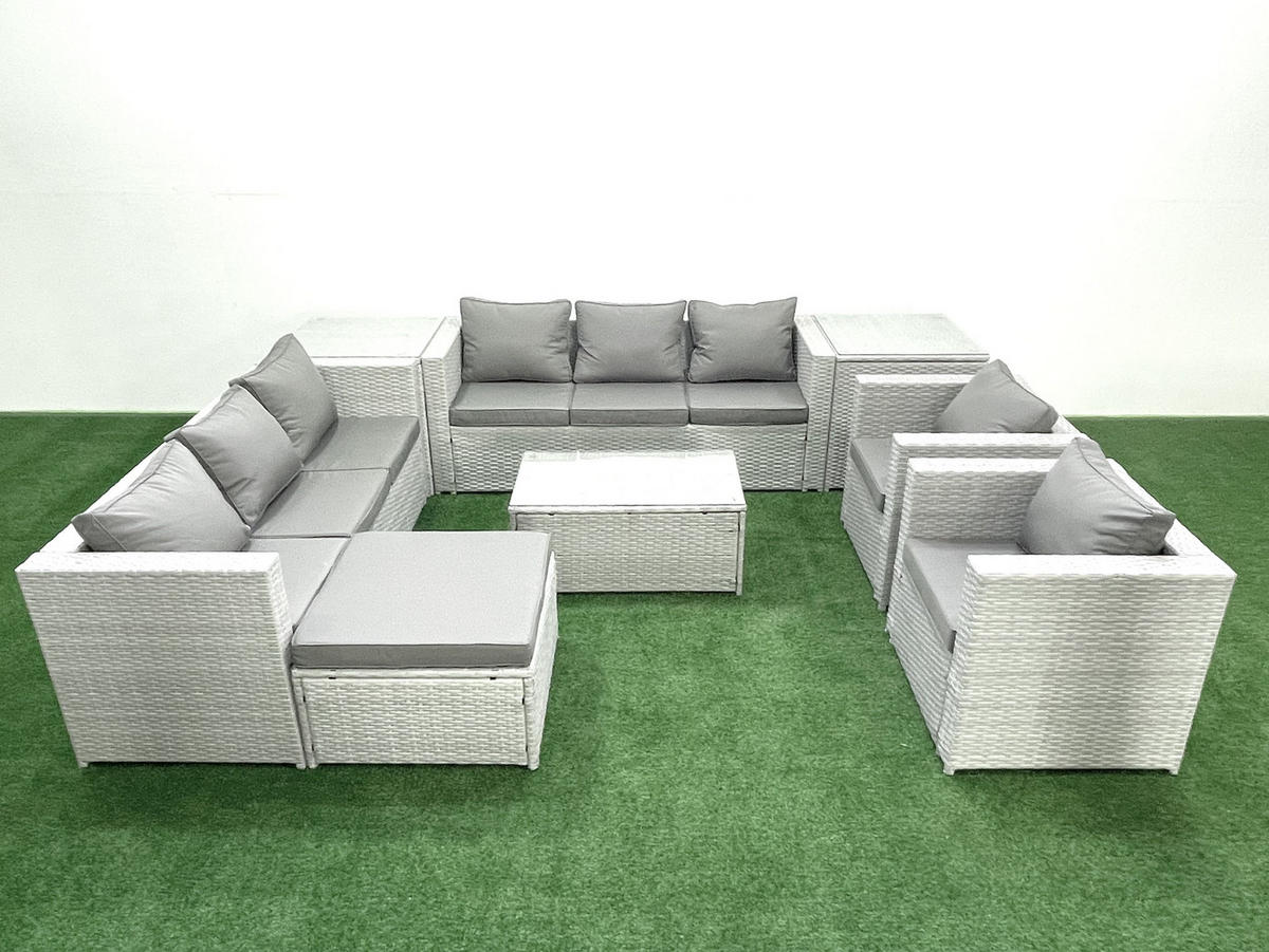 GARTENGARNITUR mit 3-SITZER SOFA,COUCHTISCH Polyrattan Hellgrau-Mix 9-Sitzer - Hellgrau/Grau, Glas/Kunststoff - Fimous