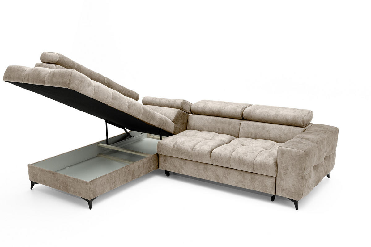 ECKSOFA PUDDING L Links mit Schlaffunktion 128x197 Velours Beige - Beige/Schwarz, Holz/Textil (270/204cm) - Muffo