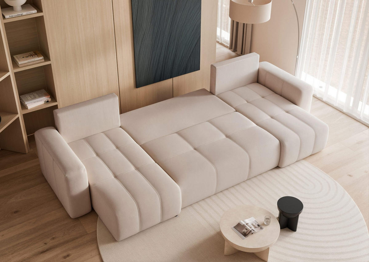 WOHNLANDSCHAFT U-Form Velours mit Bettkasten und Schlaffunktion - Beige, Holzwerkstoff/Textil (318/79/145cm) - Idohome