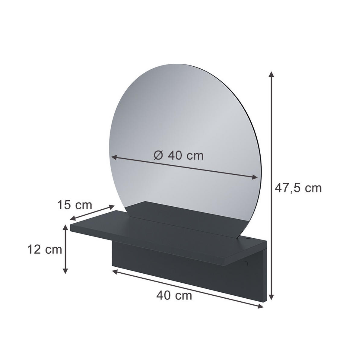 BADEZIMMERSPIEGEL Elyra Schwarz 40 x 47.5 cm mit Ablage - Schwarz, Holzwerkstoff (40/47.5/15cm) - Vicco