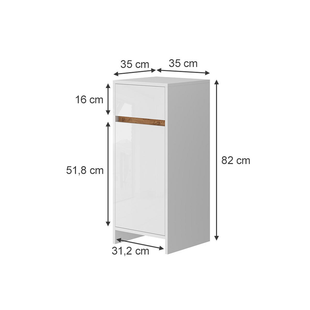 MIDISCHRANK Detmold Weiß Hochglanz/Eiche 35x82 cm mit Tür und Schublade - Honigeiche/Weiß Hochglanz, Holzwerkstoff (35/82/35cm) - Vicco