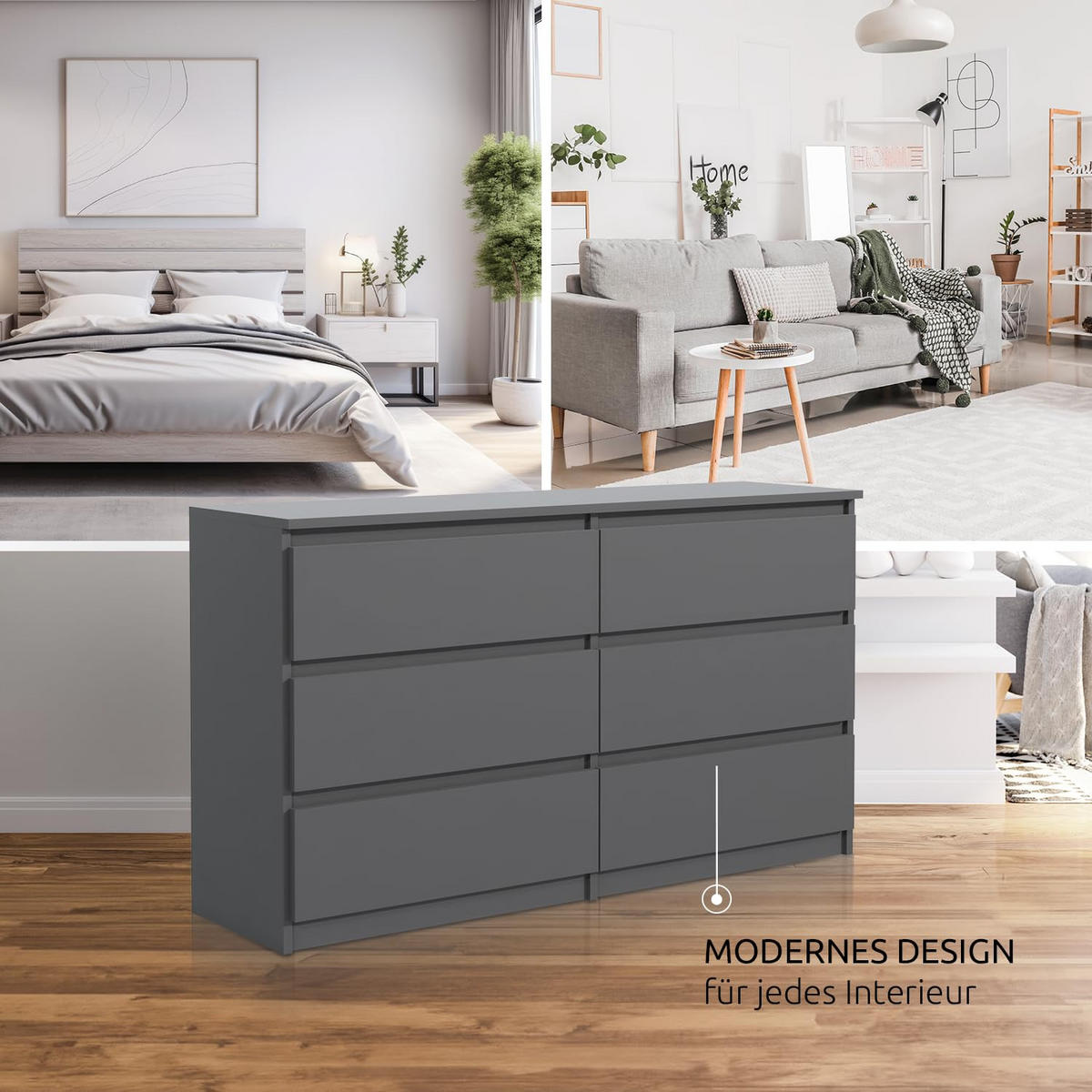 KOMMODE mit 6 Schubladen 120 cm Anthrazit - Anthrazit, Holzwerkstoff (120/78.5/39cm) - MebLocker