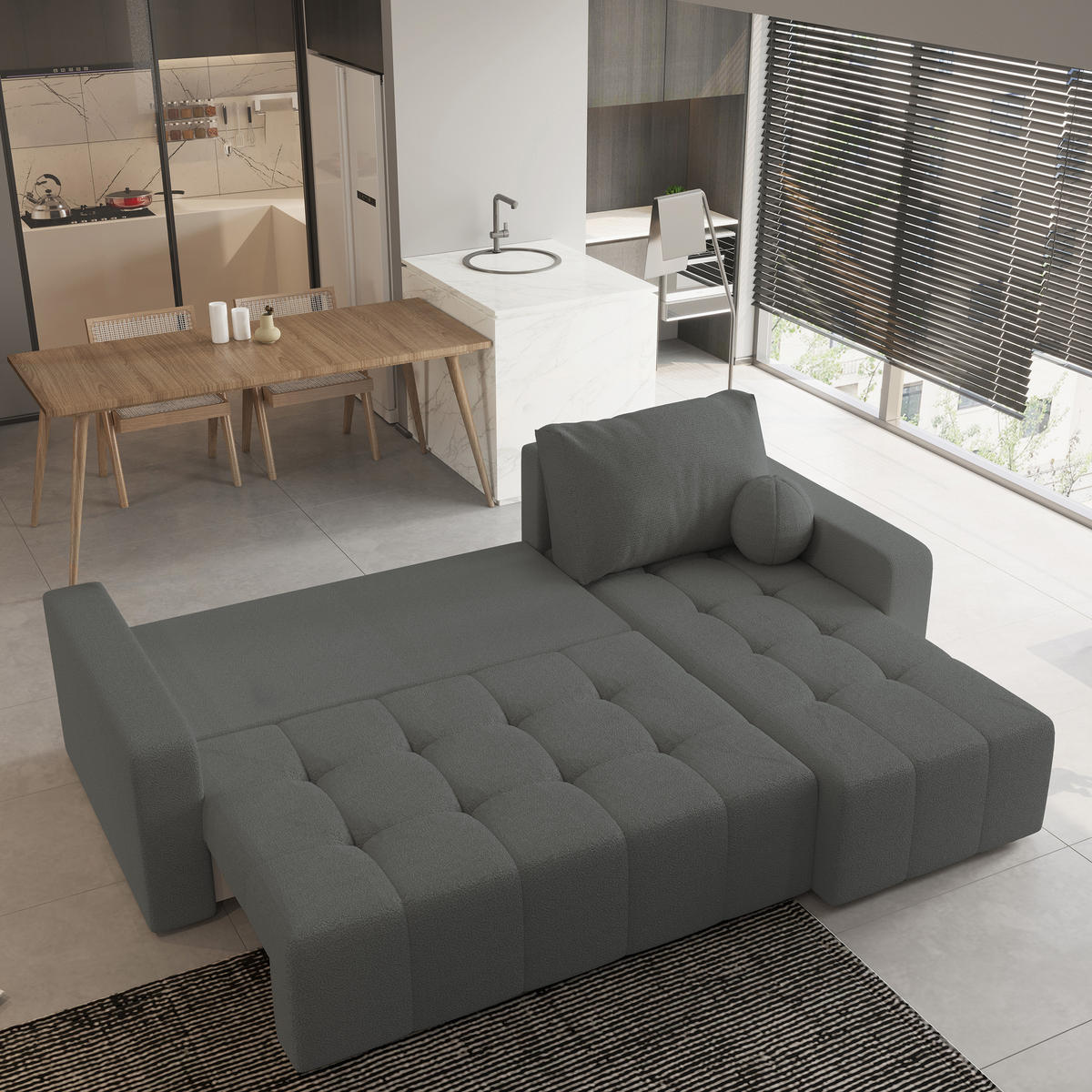 ECKSOFA VOLIRA Grau Boucle-Stoff mit Schlaffunktion - Grau, Holz (230/143cm) - MASSENO