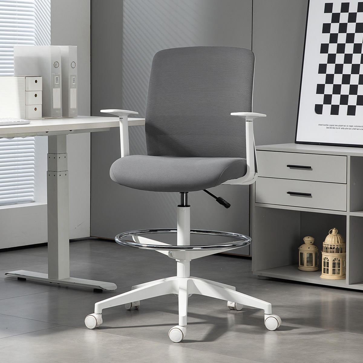 BÜROSTUHL Ergonomischer Schreibtischstuhl mit Armlehne, Fußring, Grau - Grau, Textil (57.5/121/61.5cm) - HOMCOM