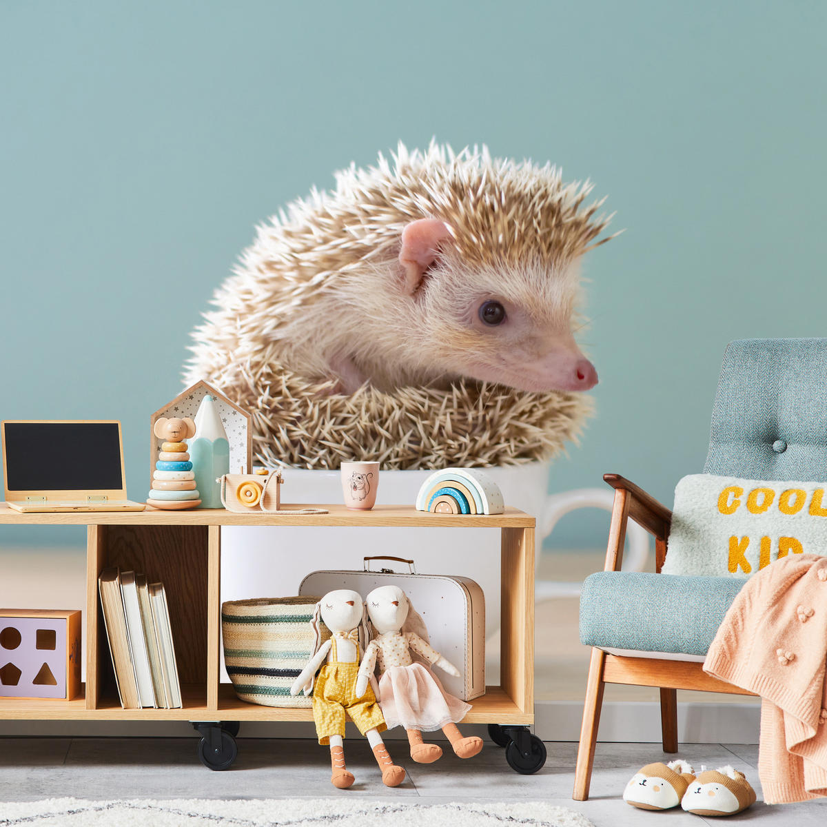 FOTOTAPETE für Esszimmer Igel Weiße Tasse Süß Tier 250x175 - Beige/Weiß, Papier (250/175cm) - Muralo