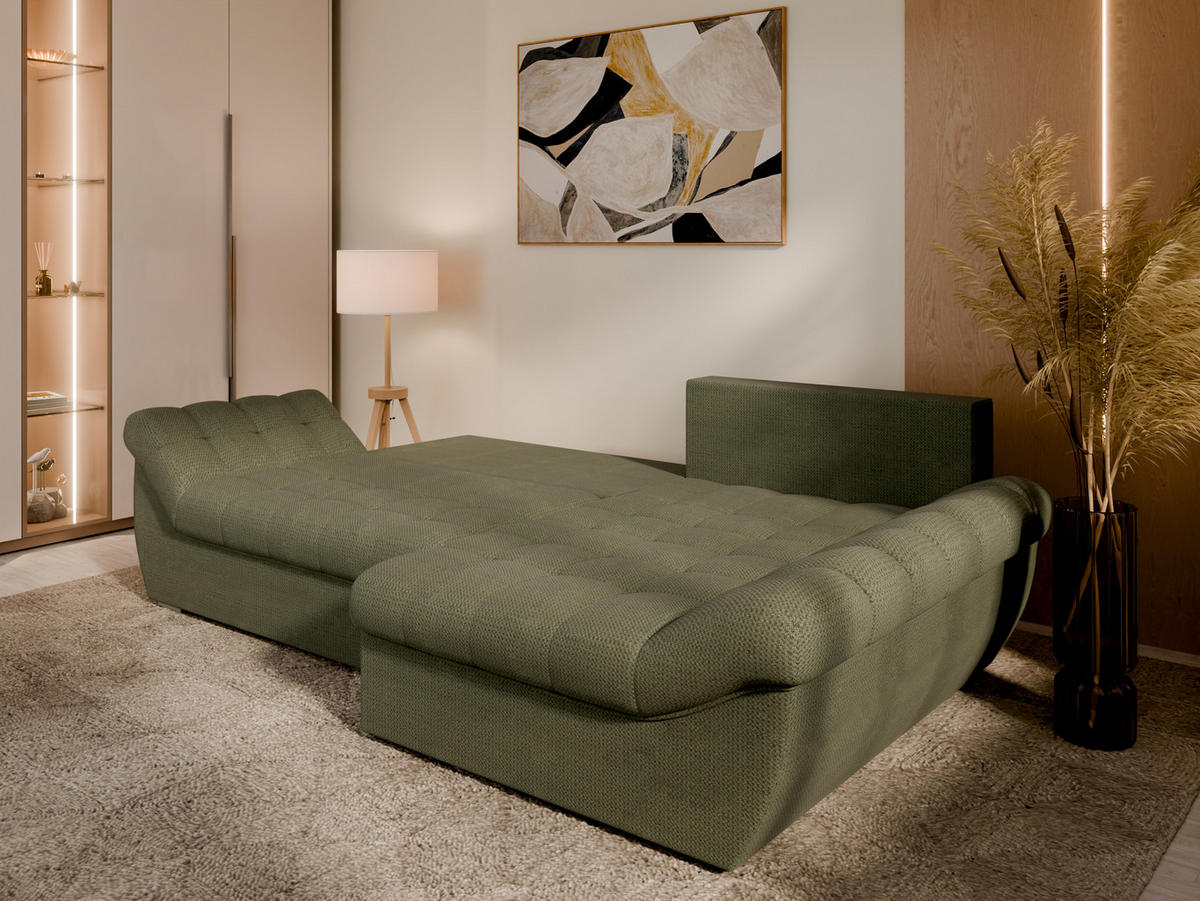 ECKSOFA ZAYA mit Schlaffunktion L-Form, Sofa mit Bettkasten, Wohnzimmersofa, Couch, Soffa, Bettsofa, RECHTS-Grün - Grün, Holz (279/175cm) - Homesy