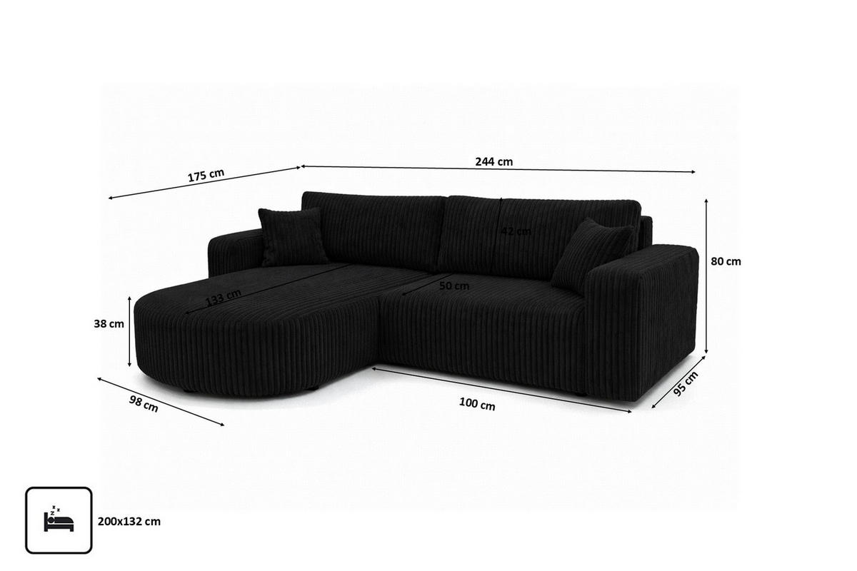 ECKSOFA Mit Schlaffunktion, Cordstoff Tilia, Schwarz, Links, ROUND ONE - Schwarz, Holz (244/175cm) - Kaiser Möbel