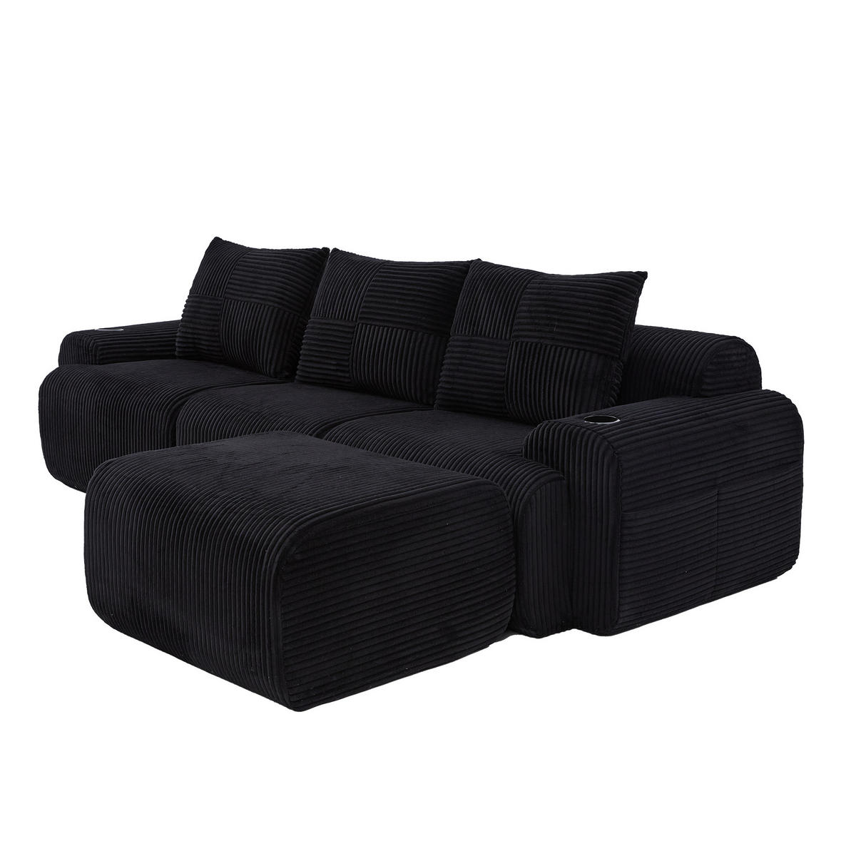 ECKSOFA 3-Sitzer Cordstoff Schwarz mit Hocker 268/174/80 cm - Schwarz, Textil (174/268cm) - Korfee