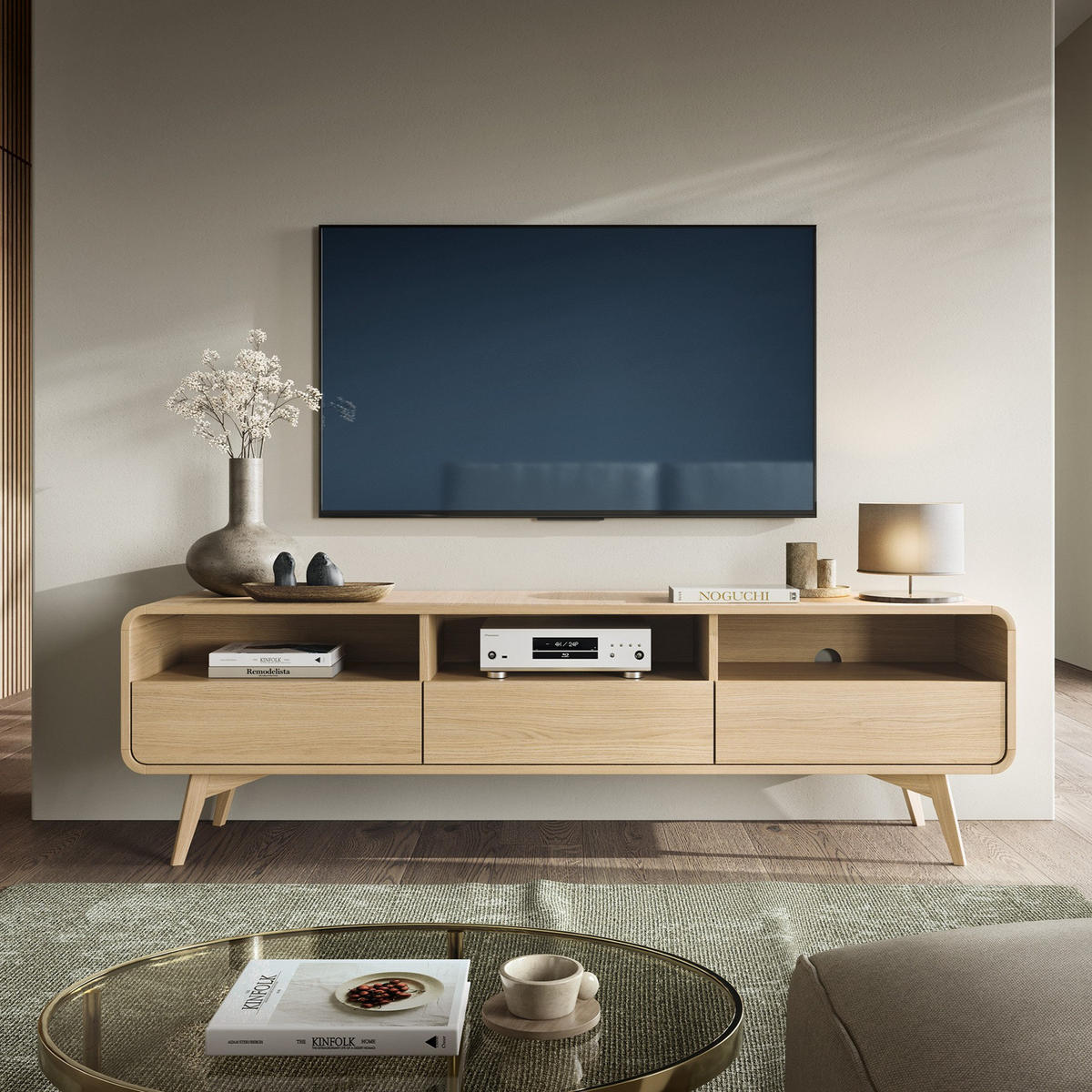 TV-LOWBOARD ATEA RTV180 180 cm (Vicenza Eiche, Abgerundete Kanten, Holzfüße, Push to Open) - Eichefarben, Glas/Holz (180/53/39cm) - Ravio