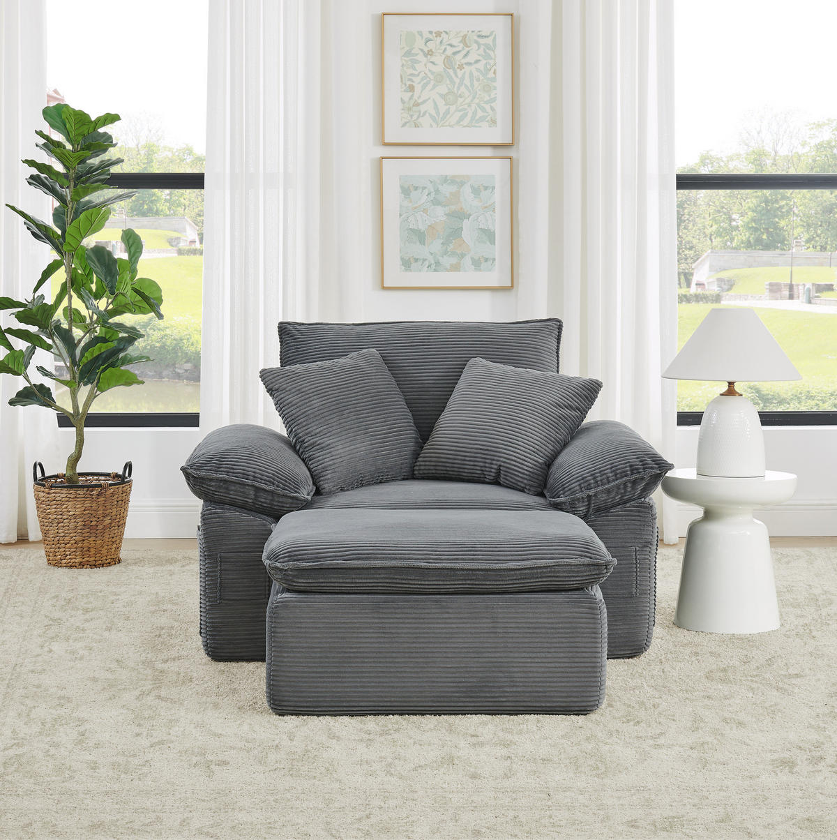 SESSEL aus Stoff mit modularem Hocker, Seitentaschen und weicher Polsterung, Hellgrau - Hellgrau, Textil (156/65/125cm) - Redom