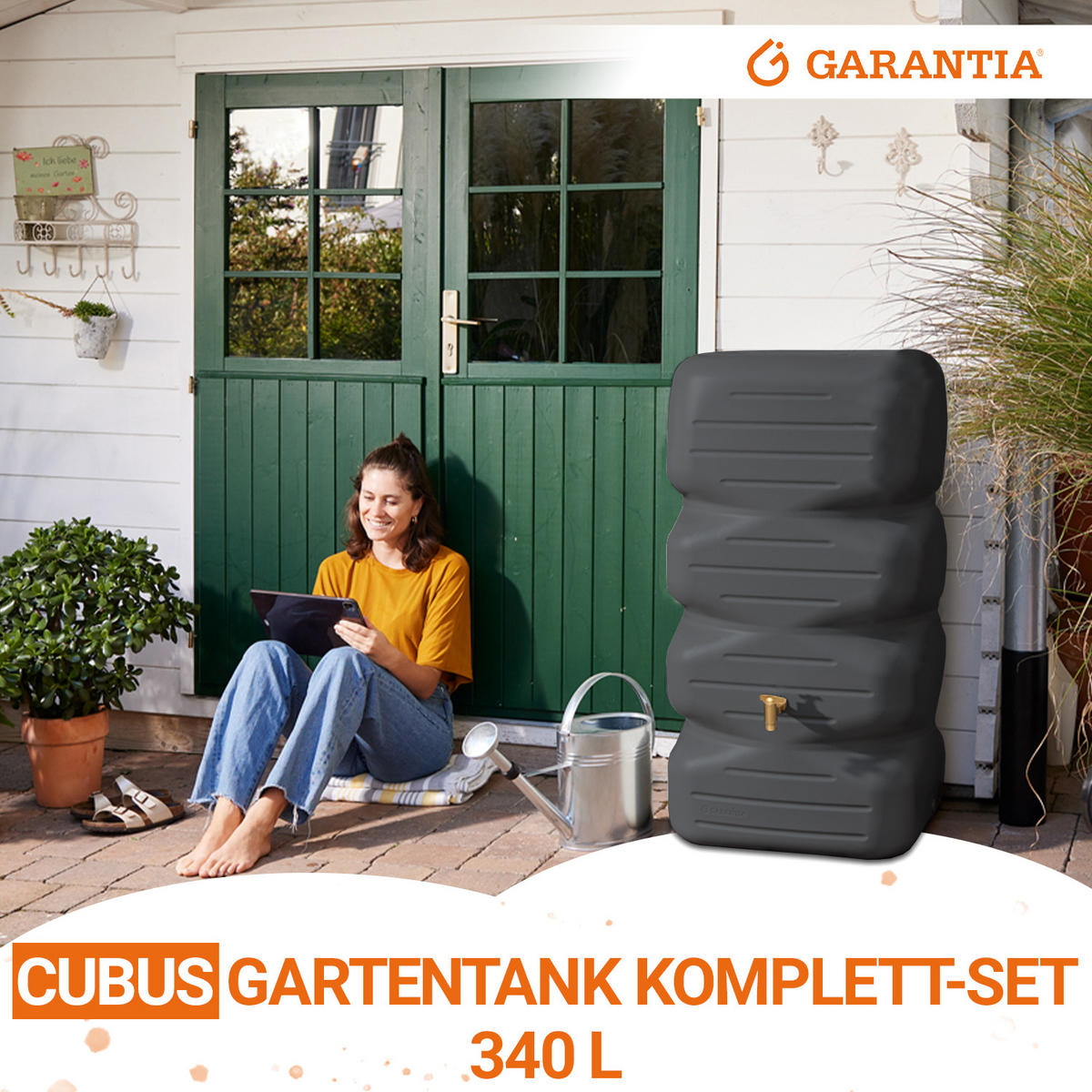 REGENTONNEN Komplett-Set 340 L graphite grey inkl. Kunststoff-Auslaufhahn und Fallrohranschluss - Graphitfarben, Kunststoff (59/112/59cm) - GARANTIA