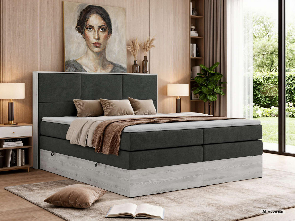 POSTEL BOXSPRING DELNOR KING 200/200 - Tmavě šedá Strukturovaná látka - Topper T25 - H3 - černá/tmavě šedá, textil/plast (200/200cm) - MKS