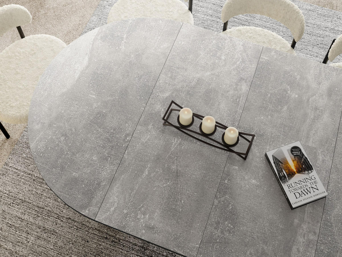 ESSTISCH Naro runder ausziehbarer, Grauer Beton 100-180/100/76 cm - Hellgrau/Schwarz, Holzwerkstoff/Metall (100/100/76cm) - WFL GROUP