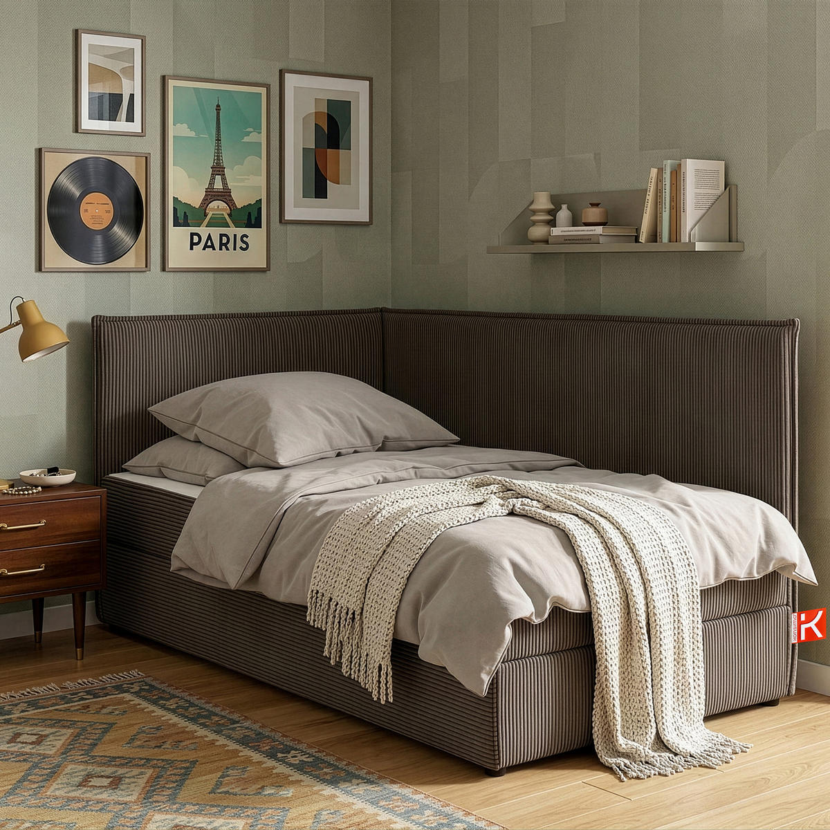 JUGENDBETT ROTI Einzelbett mit Bettkasten, 90x200cm, Bett mit Bonellmatratze, mit Rückenlehne - Schwarz/Braun, Holz/Holzwerkstoff (92/200cm) - KONSIMO®
