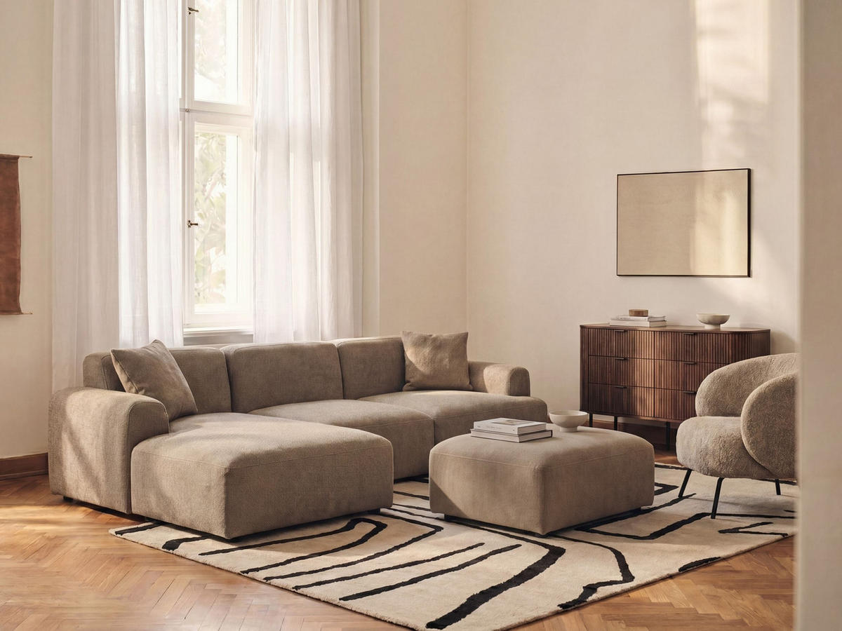 ROHOVÁ POHOVKA modul 3-místná Látka Hnědá s otomanem pravostranná Hede - hnědá, textil (244/92cm) - Beliani