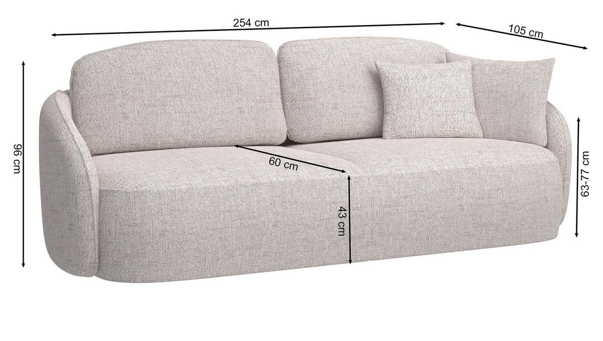 3-SITZER-SOFA Savoy Cremeweiß mit Schlaffunktion - Creme/Schwarz, Kunststoff/Textil (254/96/105cm) - Selsey