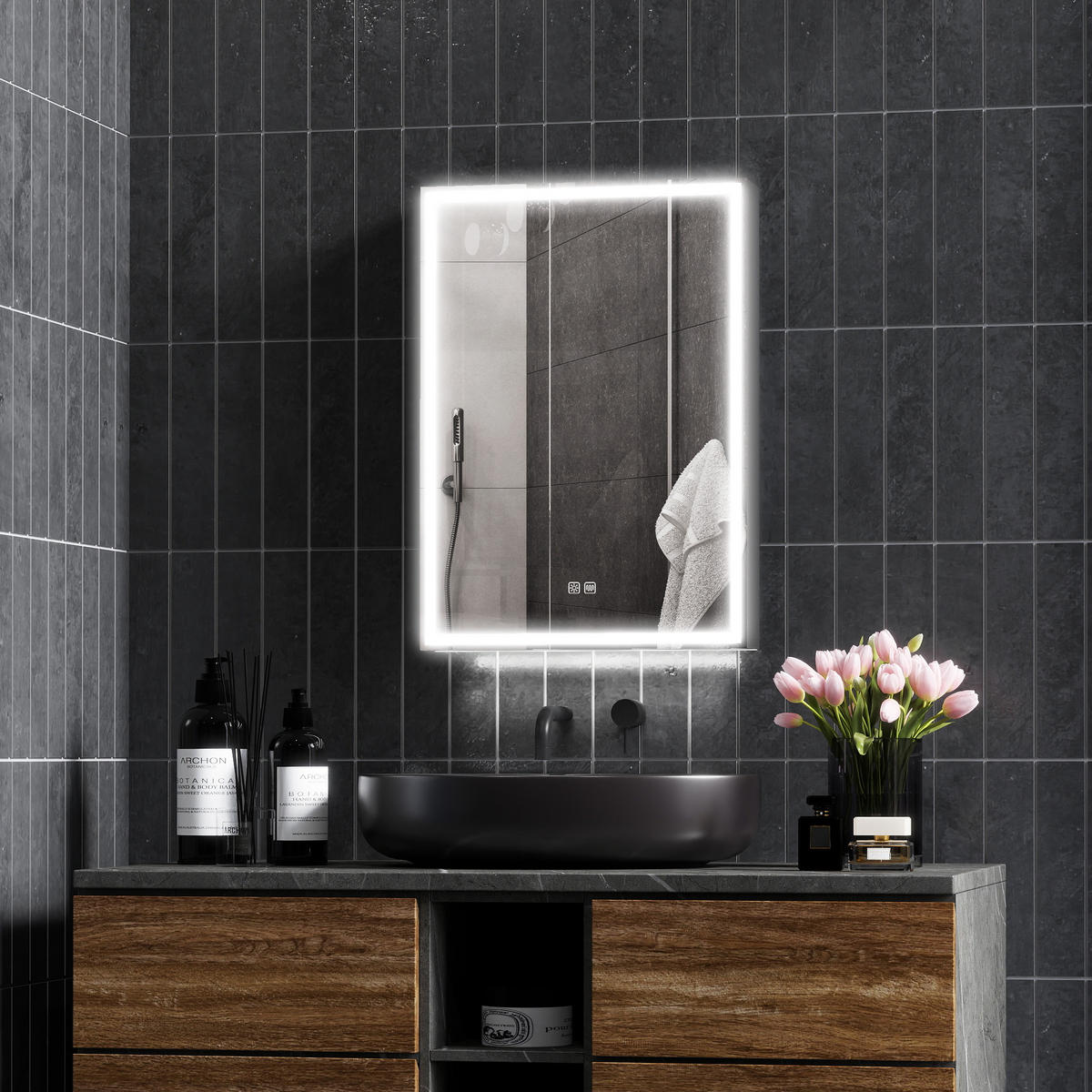 SPIEGELSCHRANK, verstellbarer LED-Beleuchtung und Antibeschlagfunktion,50*12.8*70cm, Schwarz - Schwarz, Glas (50/70/12.8cm) - Vallsero