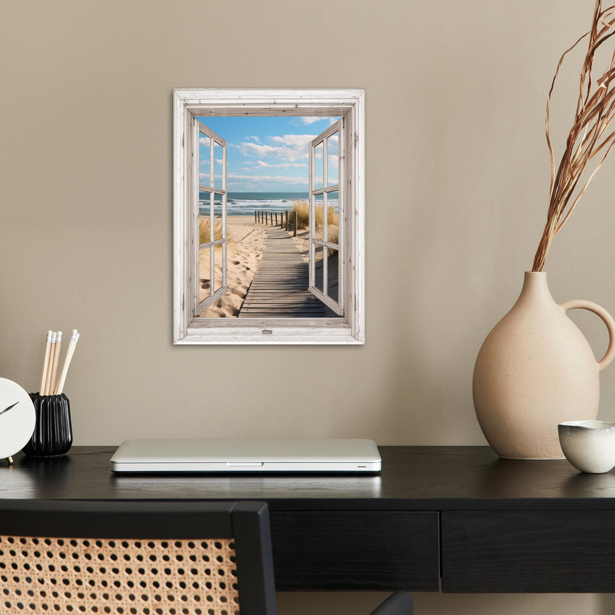 POSTER Fenster - Meer - Küste - Natur - Ausblick - Strand - Wattenmeer 30x40 cm - Beige, Papier (30/40/0.1cm) - MuchoWow