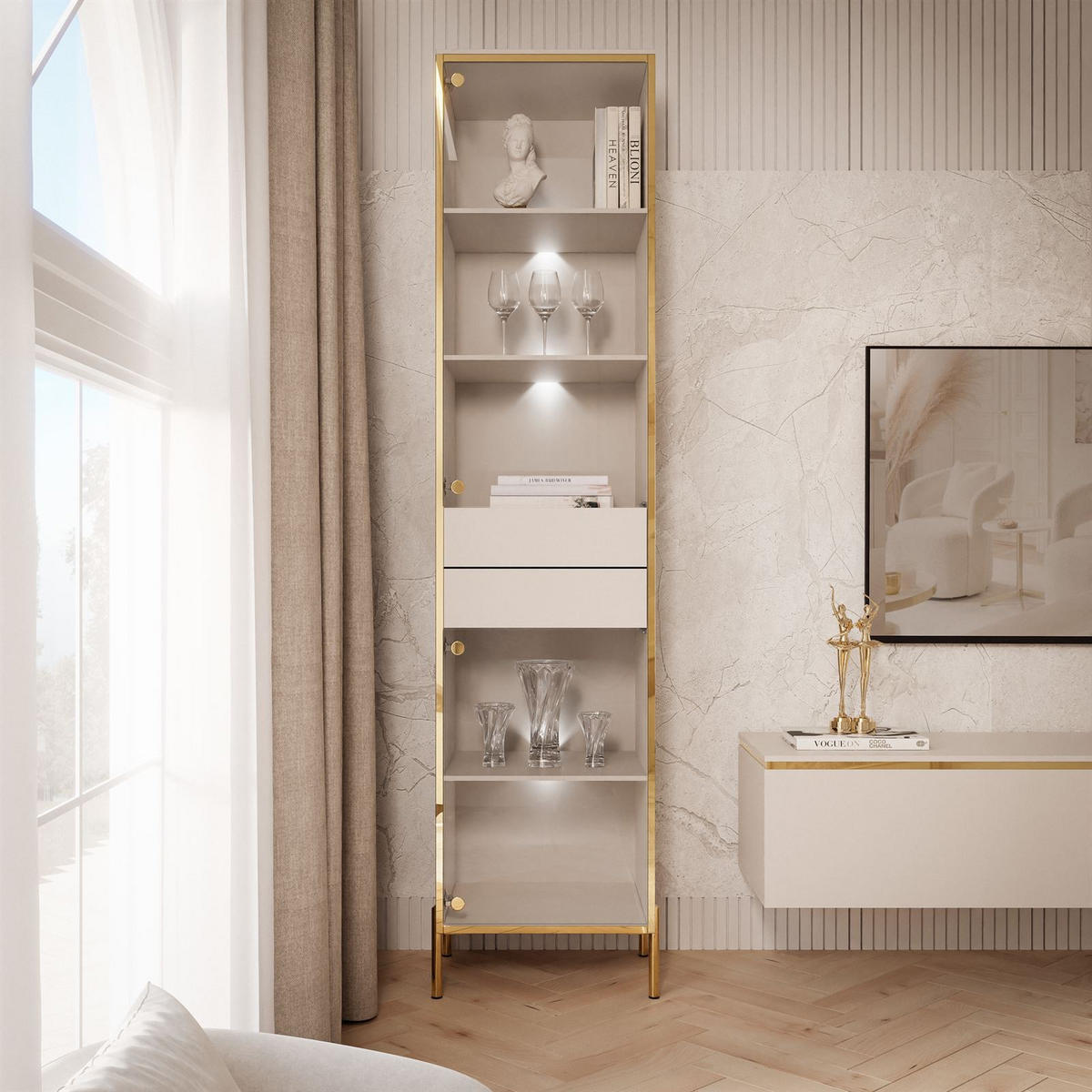 VITRINE AURORA in Kaschmir mit LED-Beleuchtung mit gerade Goldchrom Fuße - Kaschmir/Goldfarben, Holzwerkstoff/Metall (45/195/40cm) - Lookway