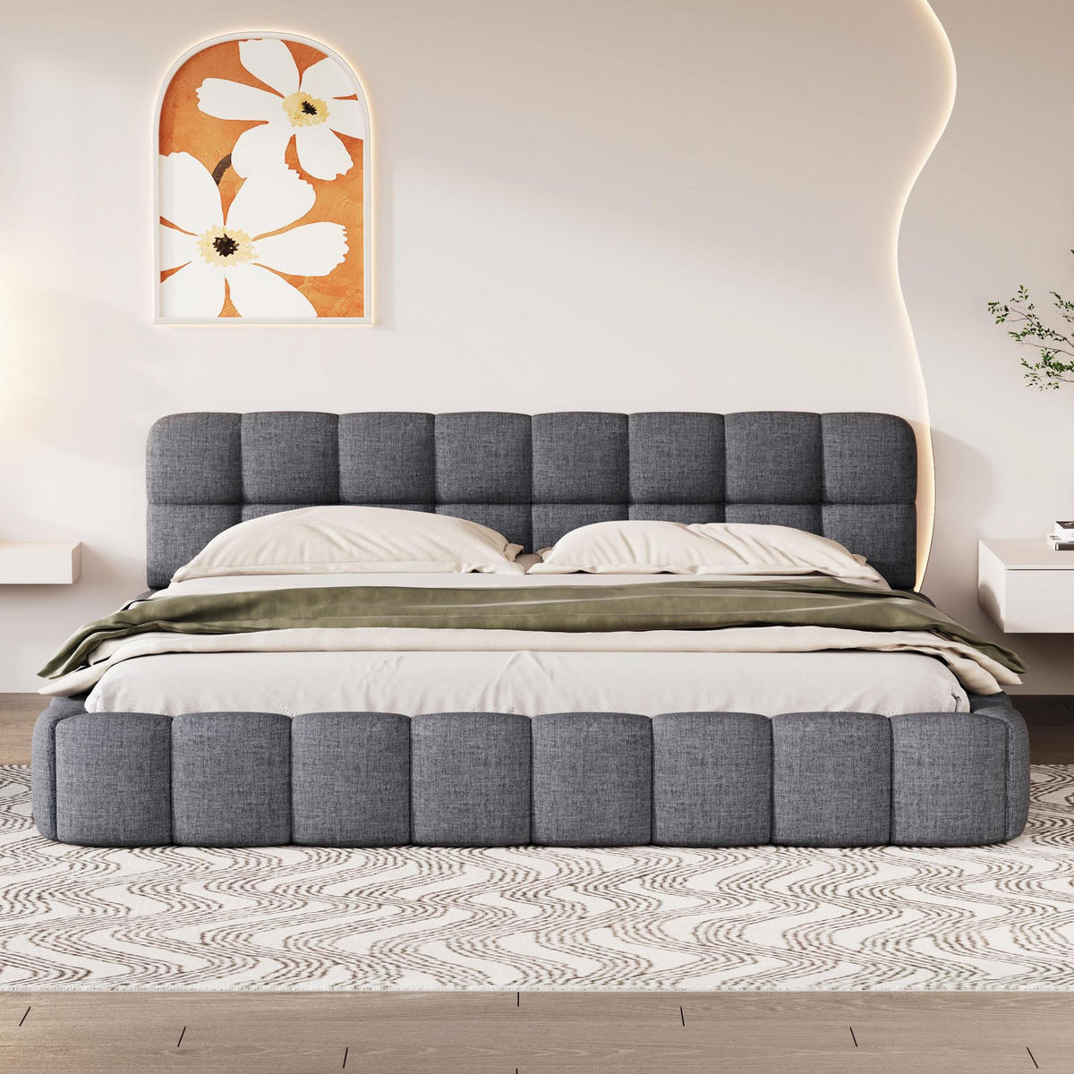 POLSTERBETT 140x190 cm Fleur Cloud mit Blumenrand-Design und weicher Rückenlehne, Leinen-Optik Grau - Grau, Textil (140/190cm) - DELFA