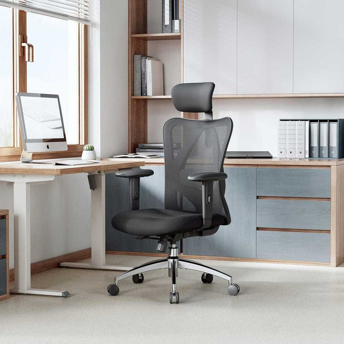 ERGONOMISCHER Bürostuhl mit verstellbarer Lordosenstütze und Kopfstütze - Schwarz, Textil (53.3/27.9/69.9cm)