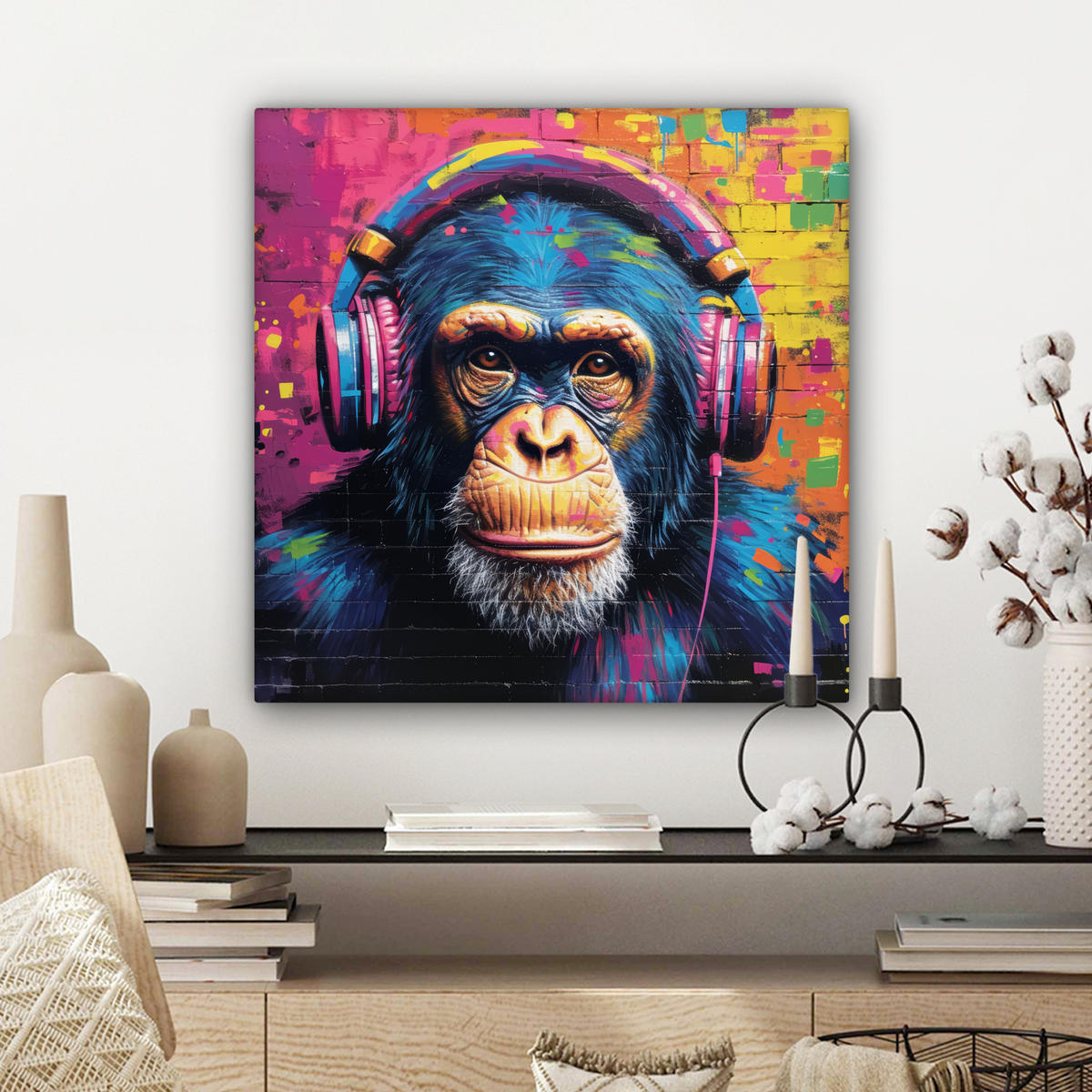 LEINWANDBILD Graffiti - Schimpanse - Straßenkunst - Kopfhörer - Affe 50x50 cm - Blau, Textil (50/50cm) - MuchoWow