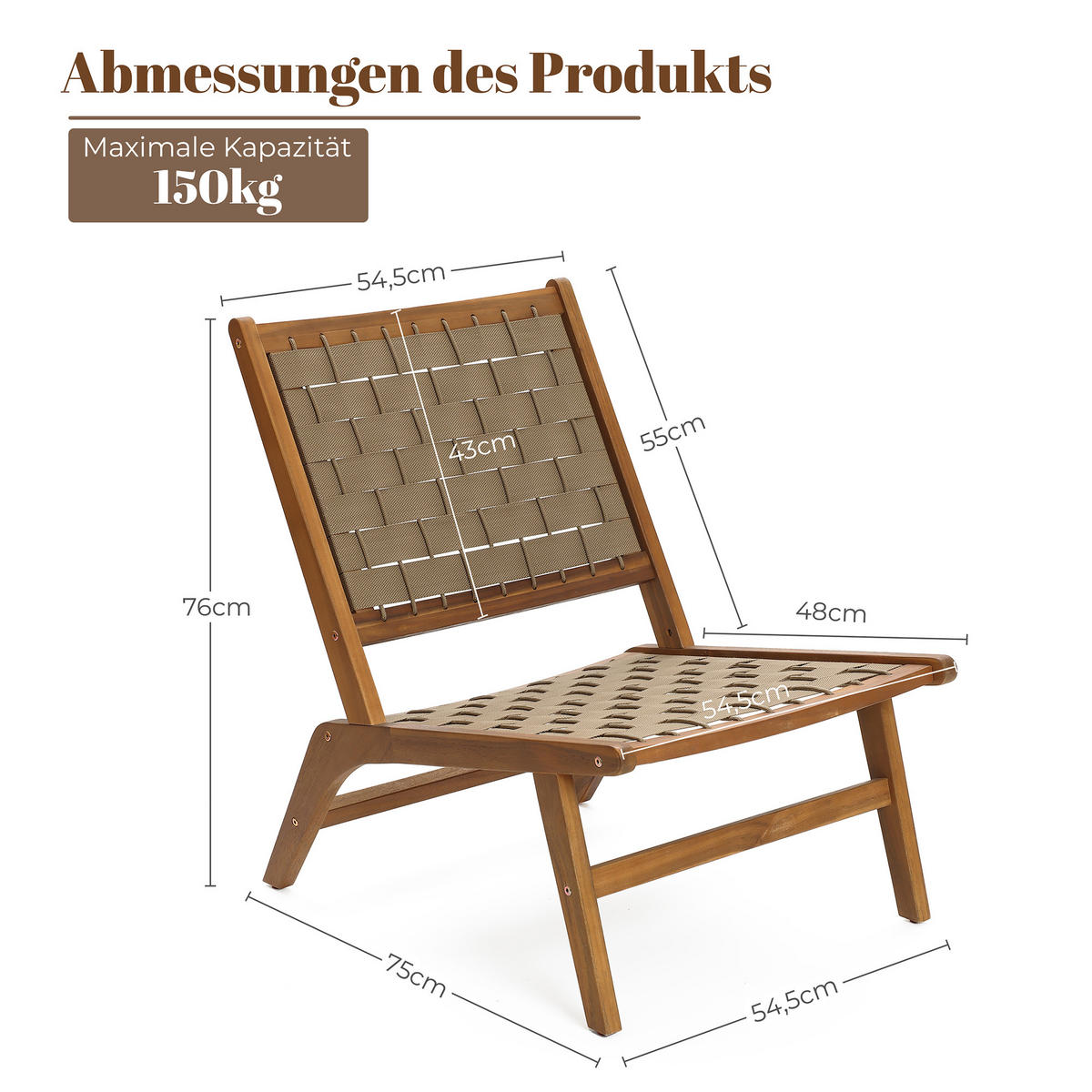 77CM Outdoor-Ess- und Terrassenstuhl ohne Armlehnen aus Akazienholz mit geflochtener Rückenlehne und Sitzfläche - Ahornfarben, Holz (75.5/77/54cm)