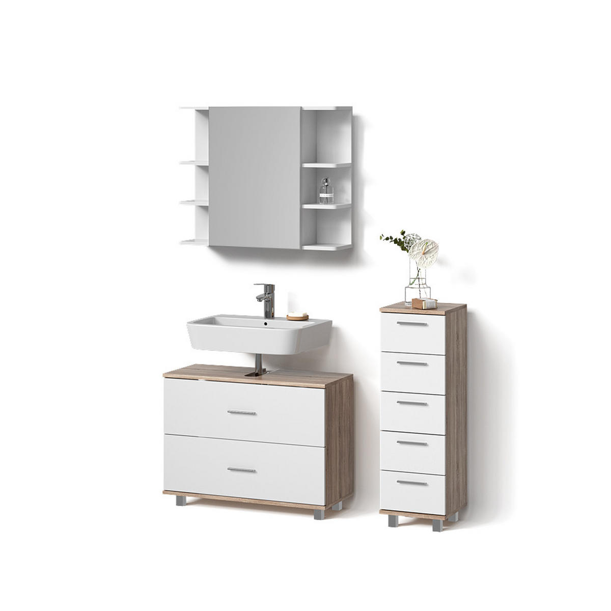 BADMÖBEL-SET Eisak Weiß/Sonoma 3 Teile, mit Unterschrank 80 cm - Weiß/Sonoma Eiche, Holzwerkstoff (80/60/33cm) - Livinity®