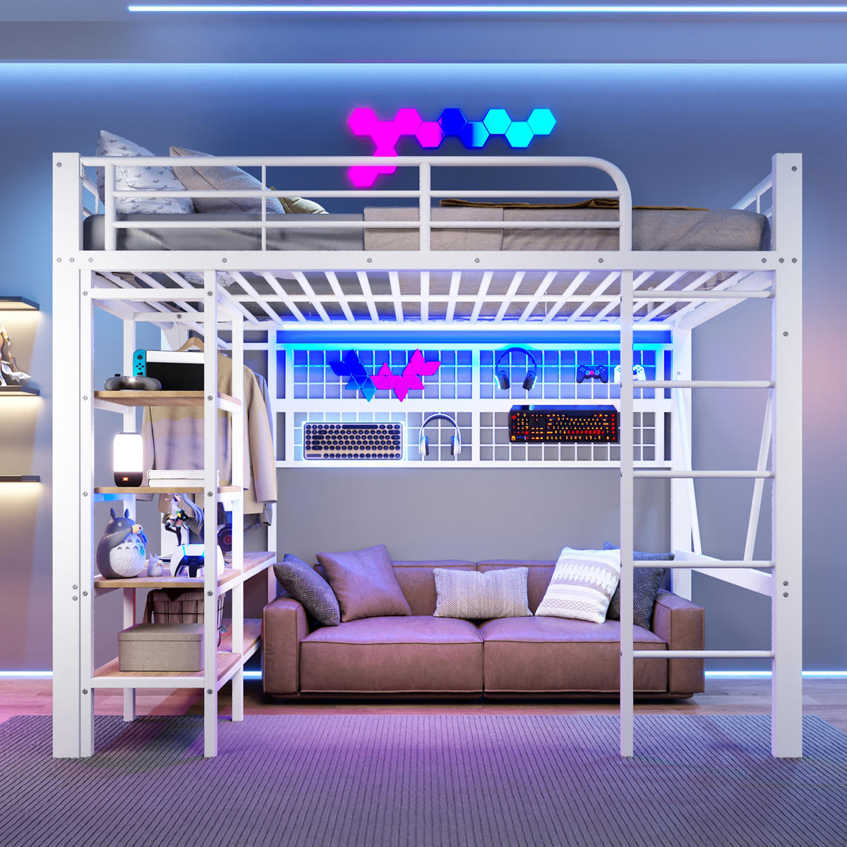 HOCHBETT 140/200 cm weiß aus Metall mit LED-Lichtleiste und Ablagefach - Weiß, Metall (140/200cm) - OKWISH