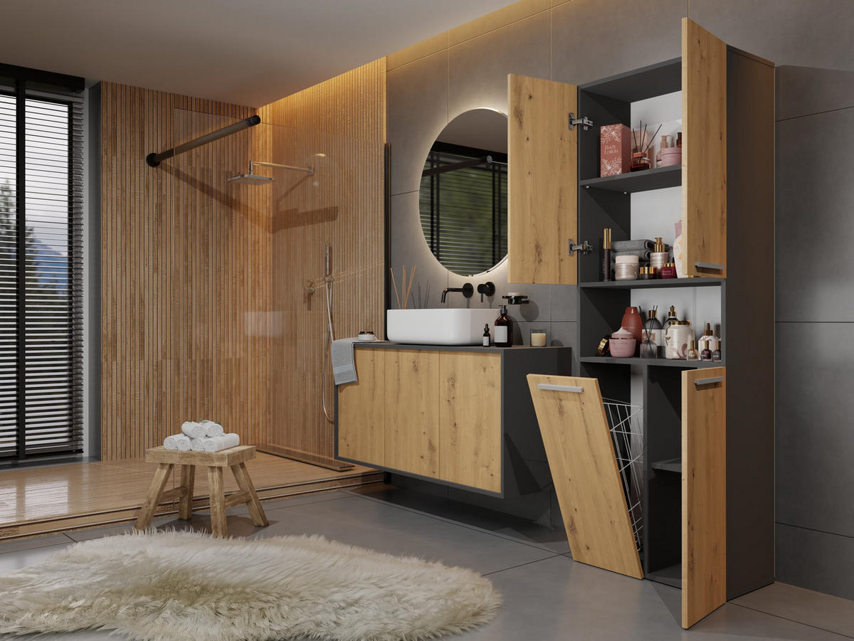 BAD Hochschrank Billy - Anthrazit/Eiche Artisan, Holzwerkstoff (60/174/30cm) - kommodly