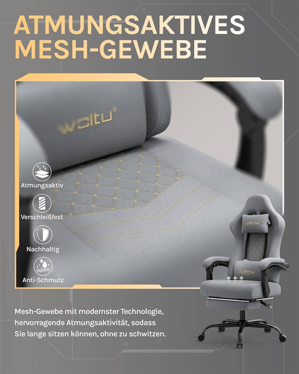 GAMINGSTUHL mit Massagefunktion, Computerstuhl Ergonomisch - Goldfarben/Schwarz, Kunststoff/Textil (70/127/70cm) - Woltu