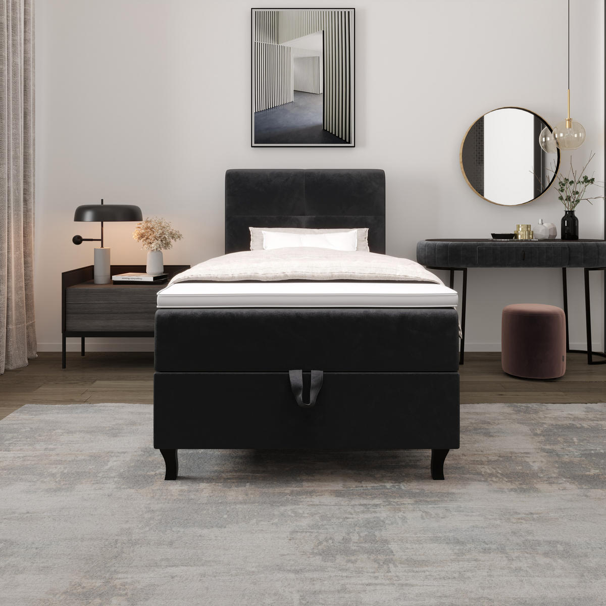 BOXBETT LIMBA mit Matratze H3 und Topper 80x200 Monolith 97 - Dunkelgrau, Holz/Textil (80/200cm) - Bedante