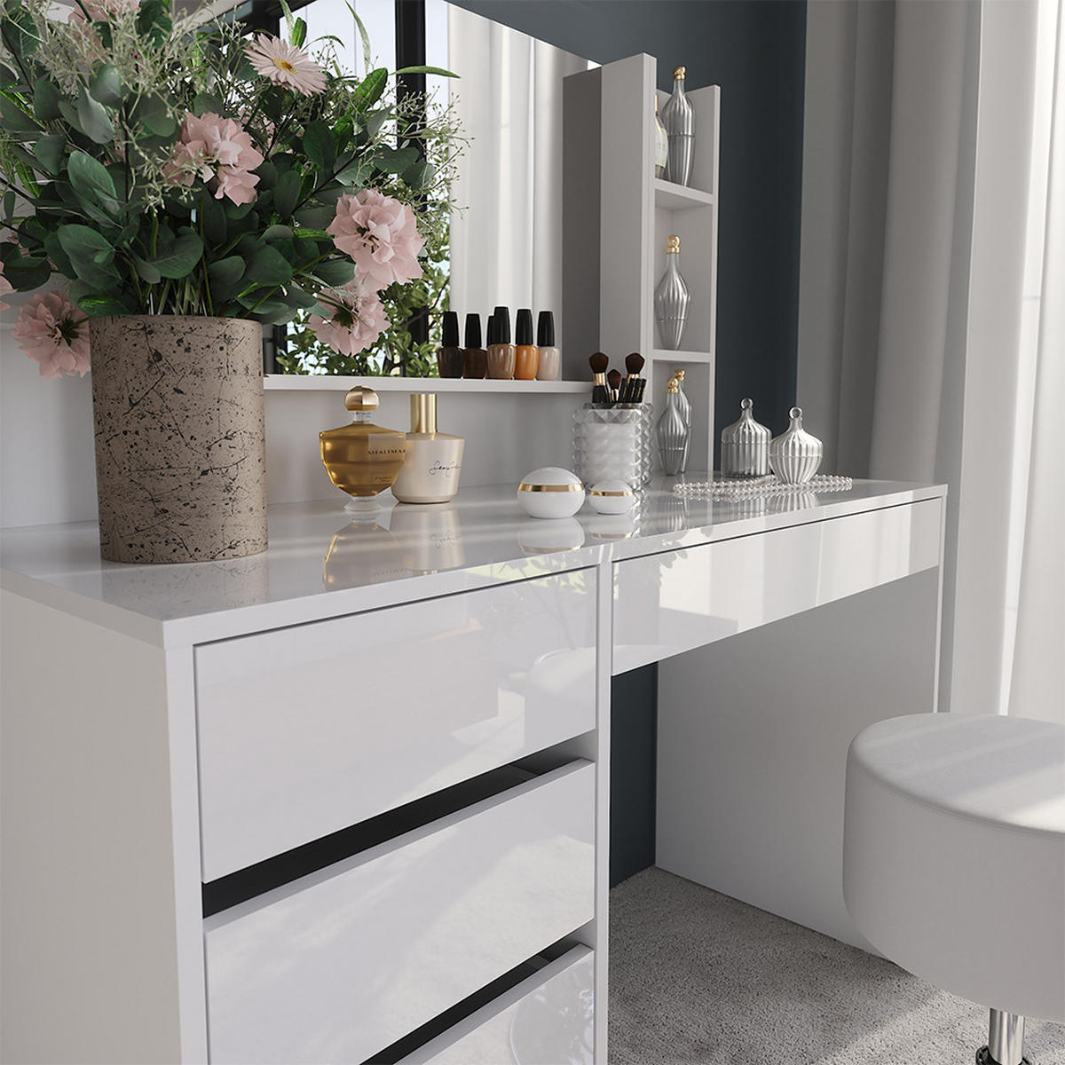 SCHMINKTISCH Sherry Weiß/Weiß Hochglanz 119.8 cm 5 Teile - Weiß Hochglanz, Holzwerkstoff (119.8/76/50.1cm) - Vicco